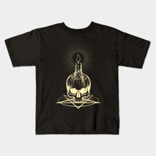 Skull and Burning Candle on Pentagram Kids T-Shirt